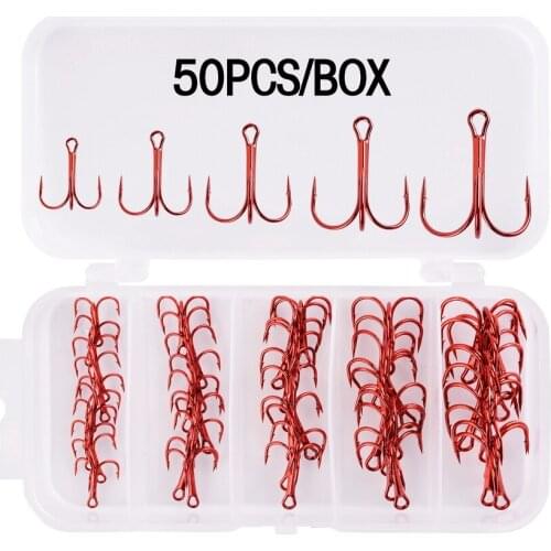 50pcs/box Fishing Hooks 2/4/6/8/10# Red Triple Hook High Carbon Steel Fishing Tackle Sea For Fishing Pesca Barbed Fishhooks