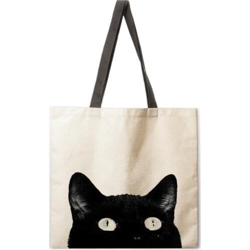 Ink cat cat tote bag linen fabric bag casual folding shopping bag outdoor beach bag daily handbag