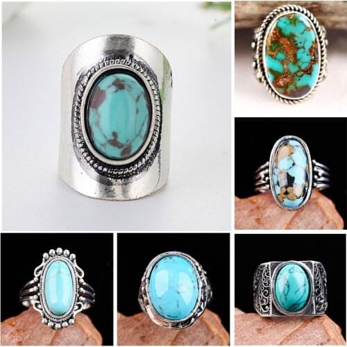 Vintage Tibet Boho Silver Color Green Resin Stone Rings For Women Party Turquoises Antique Big Oval Carved Flower Ring O5X729