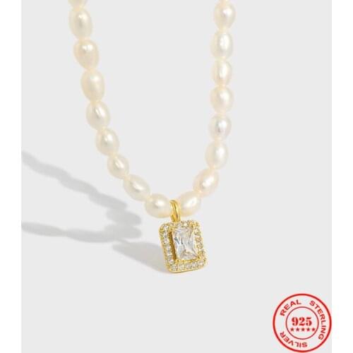 YIZIZAI Real Natural Freshwater Pearl Necklace S925 Sterling Silver Elegant Square zircon pendant Necklace Female High Jewelry