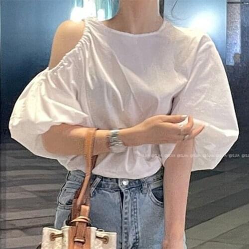 Chic Off Shoulder White Blouse Women Summer 2021 Fashion Hollow Puff Sleeve Womens Shirt O Neck Loose Fashion Lady Tops 15577