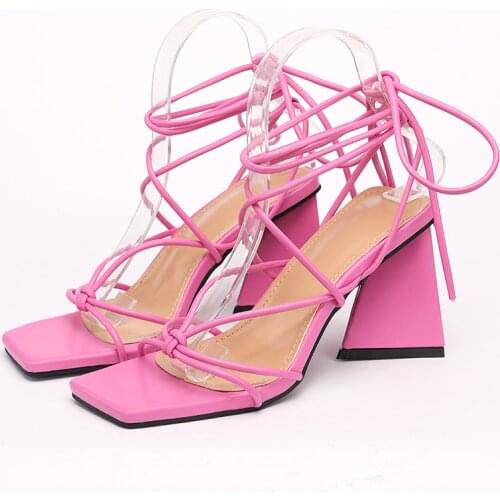 2021 New Summer Women Sandals Fashion Cross-Tied Strange High Heels Shoes Sexy Square Toe Lace-Up Party Pumps Size 41 42