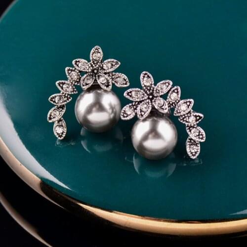 LEEKER Vintage Jewelry Solid Leaf Shape Imitation Gray Pearl Stud Earrings With Cubic Zircon For Women Party Wedding 525 LK2