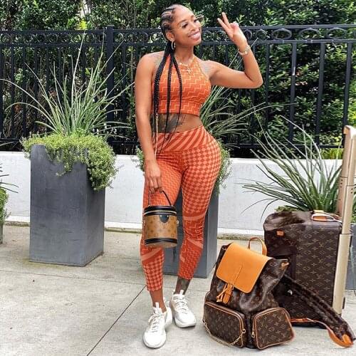 Wave Striped Printed Sexy Womens Sport Suits Sleeveless Tank Crop Top and Sportswear Pencil Legging Casual Two Piece Sweatsuit