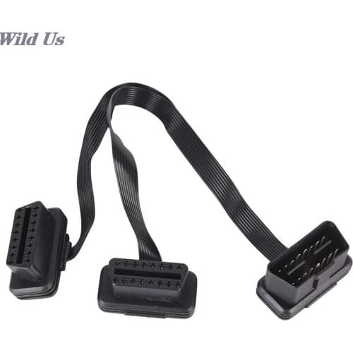 30CM Flat 16Pin ELM327 OBD2 Male To Dual Female Y Splitter Elbow Extension Cable Lead