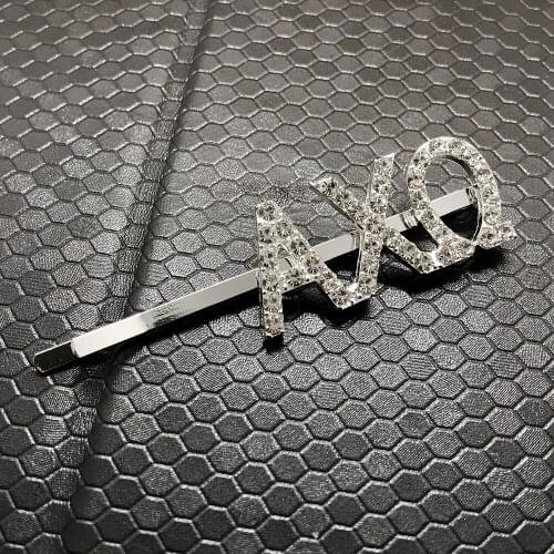 Shiny rhinestone inlaid metal letters ALPHA label hairpin university Greek sorority society symbol jewelry hair accessories
