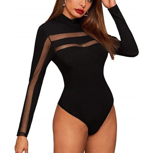 2021 Sexy Bodysuit Women Mesh Pathcwork Bodysuit Bodycon Thong Leotard Tops T shirt Jumpsuit Romper Plus Size