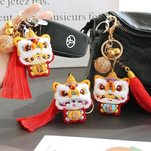 DIY Chinese Zodiac Embroidery Keychain Lion Dance Man Key Chain Handmade Women Key Holder Cute Protective Talisman Needlework