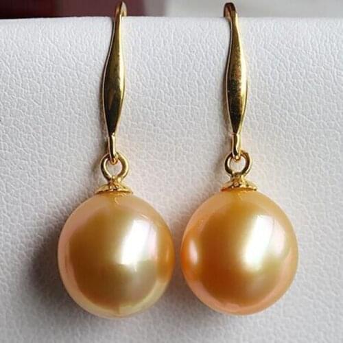 Charming10-11mm natural round south sea gold pink pearl dangle earrings 14KG