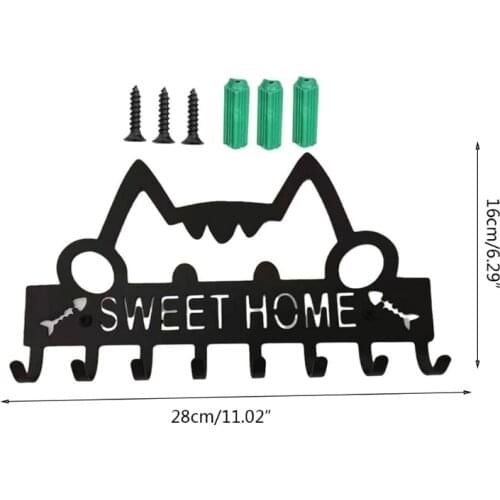 G2AA Key Holder for Wall Mount Cat Sweet Home Decorative 8 Hook Rack Metal Hanger Front Door Kitchen Bathroom