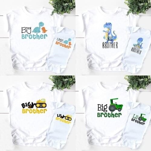 Big Brother Little Brother Kids T shirt & Baby Rompers Cartoon Dinosaur Truck Car Print Funny Clothes Boys Matching Outfits Tops