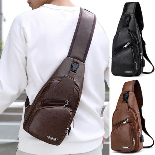 IMCUTE Mens fashion retro PU shoulder bag leisure travel USB charging diagonal chest bag travel handsome shoulder bag women /F