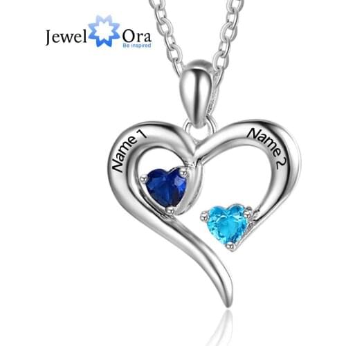 JewelOra 925 Sterling Silver Personalized Heart Necklace with 2 Birthstones Custom EngraveName Pendant Mothers Day Gift Jewelry