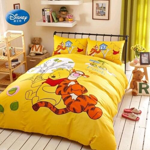 Disney Cheap Winnie and Tiger 100% Cotton Yellow Duvet Cover Set Flatsheet Pillowcases Bedlinen for Children Kids 1.2m 1.5m Bed