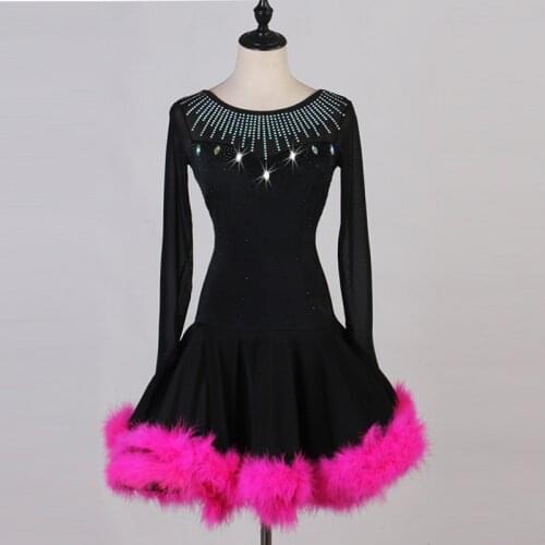 Latin dance costume senior dresses gauze long sleeves latin dance dress women feather dance dress competition dress