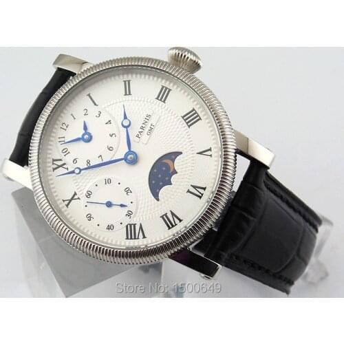 Parnis 42mm white dial steel case blue hands hand winding movement mens watches