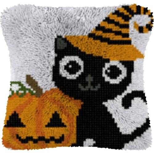 Black Cat Latch Hook Kit Make Cushion Canvas Crochet Pillow Case Latch Hook Cushion Cover Arts & Craft