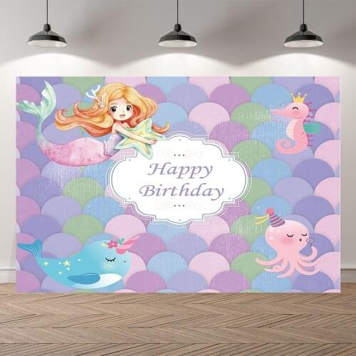 NeoBack Little Mermaid Princess Seahorse Rainbow Fish Scale Backdrop Happy Birthday Party Photo Background Photocall Banner
