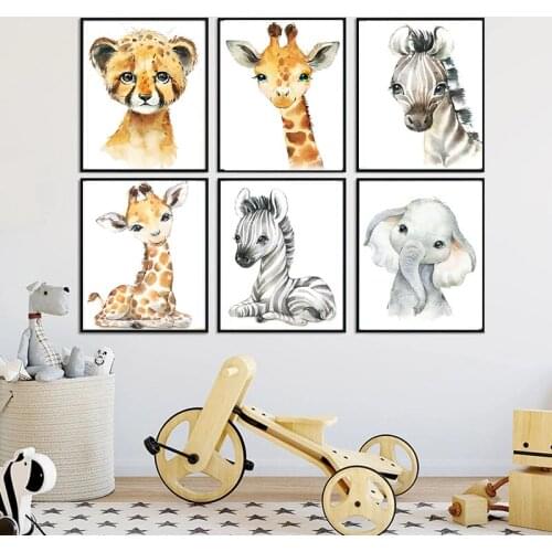 Cartoon Cute Zebra Giraffe Printed Poster Watercolor Animal Elephant Tiger Monkey Canvas Art Painting Baby Room Wall Decoration