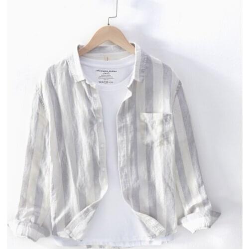 Striped Shirts for Men Long Sleeve Casual Turn-down Collar Basic Classic Tops Male Fashion Pure Linen Gray Vintage Clothing