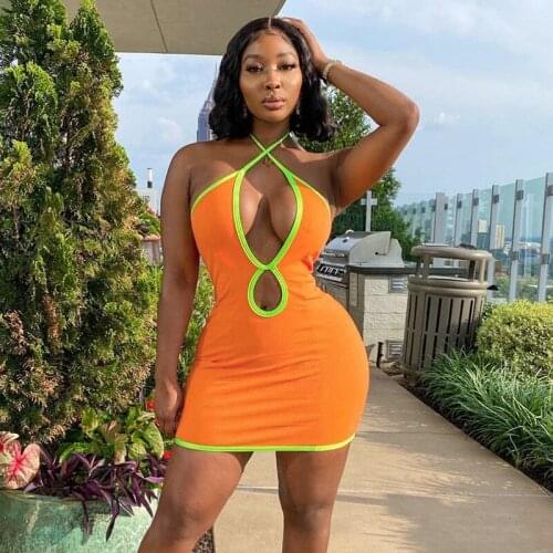 Sexy Striped Patchwork Ribbed Bodycon Mini Dress Hollow Out Halter Night Club Wear Vestidos for Women 2021 Fashion Outfits