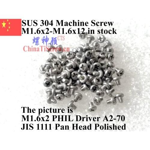 Stainless steel screws M1.6x10 A2-70 Pan Head 0# Phillips JIS 1111 ROHS Polished 100 pcs