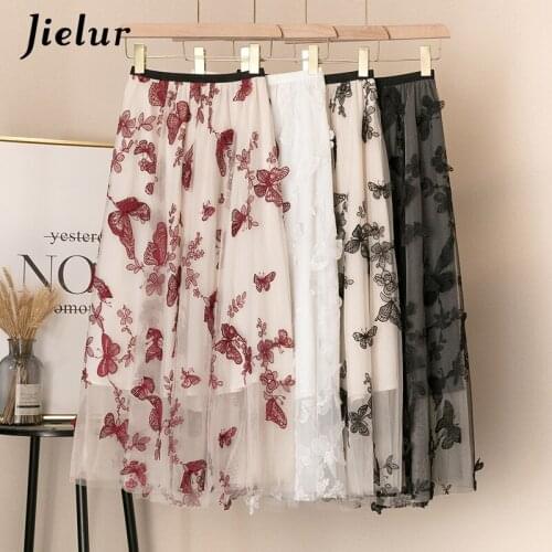 Jielur Mesh Skirts Womens Autumn Embroidery New A-line Butterfly Skirt Femme Tulle Jupe Slim Chic Black Elastic Waist Skirts