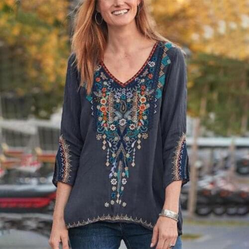 New Women Blouse Ethnic Print V Neck Spring Autumn Flare Boho Top Streetwear Loose Skirt Shirring Drawstring High Split Casual