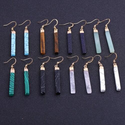 1pair Natural Stone Earring for Women Long Rectangle Tassel Quartz Drop Tiger Eye Turquoises Pink Crystal Earrings Reiki Healing