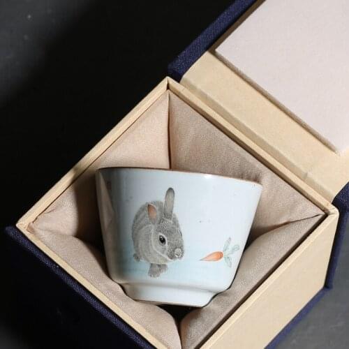 100ml Teacup Hand Painted Coarse Pottery Cute Rabbit Ceramic Cup Kung Fu Tea Set Teacups Master Tea Cups Tea Bowl Gift Box Decor