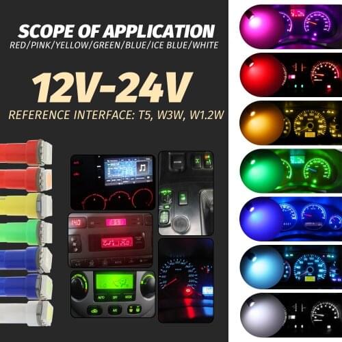 100pcs 12v 24v T5 led 17 37 73 74 SMD 5050 Auto LED Lamp Car Dashboard Instrument Light Bulb DC white blue red yellow green