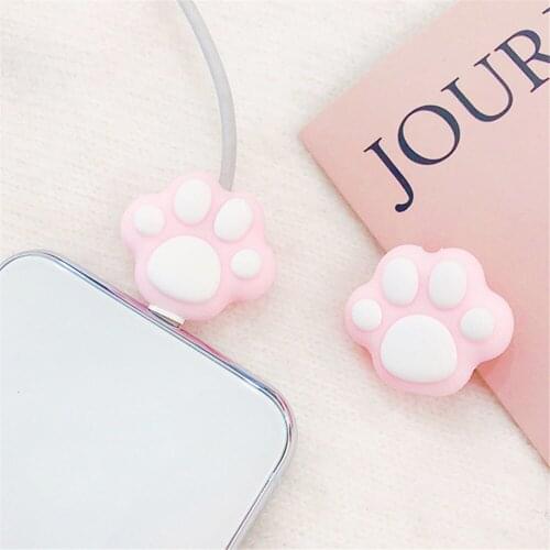 2021 Cute Pink Cartoon Cat Paws Cable Winder Protector for iPhone Cable Kawaii Desktop Wire USB Cable Charger Earphone Protector