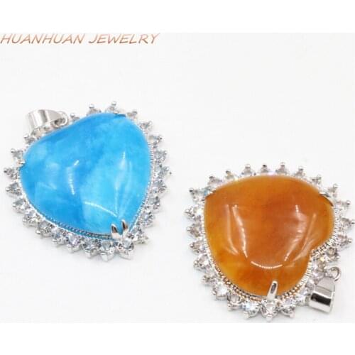 31mm Heart Natural Stone Jades Chalcedony Charms Pendants Chain Necklace For Women Stainless Steel Crystal Inlay Jewelry B3324