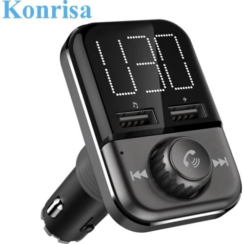 Konrisa FM Transmitter Bluetooth 4.2 Handsfree Car Kit Music Player Large Screen 3.4A 2-USB Charger Support TF Card USB Driver