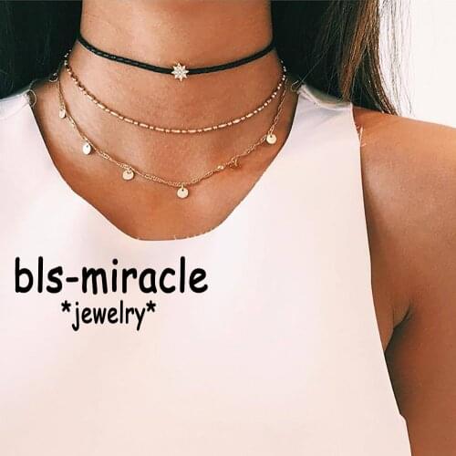 Bls-miracle Bohemian Wafer Multilayer Pendant Necklace for Women Zircon Stars Necklace Fashion Collar Costume Jewelry Gift NX-11