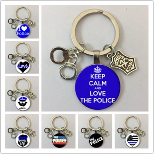 Love Police Hero Photo Round glass cabochon keychain Bag Car key chain Ring Holder Charms keychains for gift