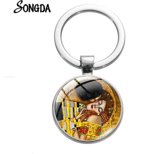 Gustav Klimt The Kiss Art Painting Keychain Glass Crystal Pendant Mother Baby Retro Photo Alloy Key Chain Bag Key Holder