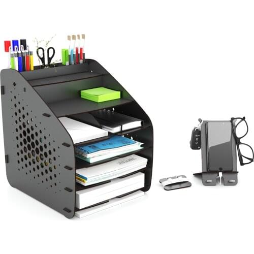 Design OTTO Black Hexa Office Desk Organizer with Pen Holder - File Rack for Office Accessories A4 - Letter Paper Shelf Rack