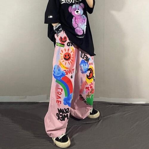 Harajuku Streetwear Straight Trousers Japanese Y2K Aesthetic Pants Women Cartoon Graffiti Print Hip Hop Wide Leg Pants Retro 90s
