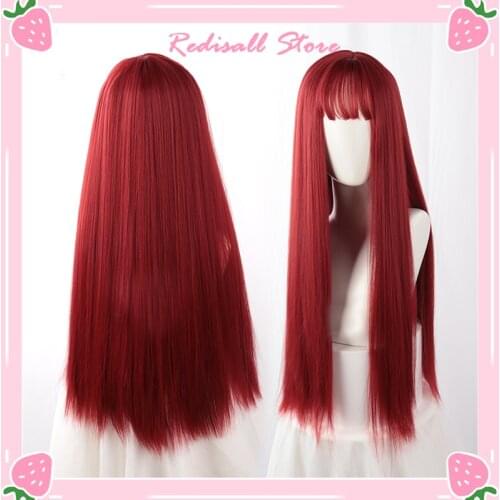 70cm Adult Lolita Wig Hair Red Long Straight Wig Harajuku Heat Resistant Synthetic Girls Daily Wear Fringe Bang Sweet Halloween