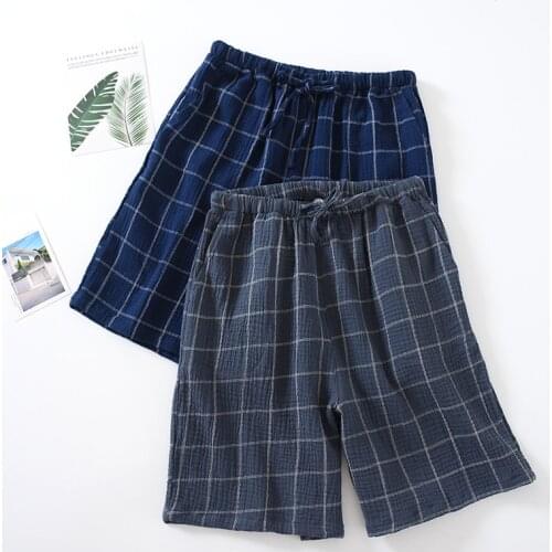 Summer men Sleep Bottoms 100% Cotton Plaid lounge shorts plus size sleepwear breathable lounge wear casual home shorts