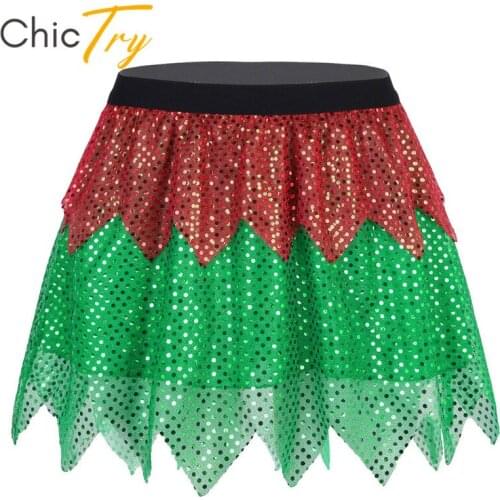 ChicTry Women Shiny Sequins Elastic Waistband A-Line Mini Skirt Christmas Costume Festival Rave Stage Performance Dance Skirts