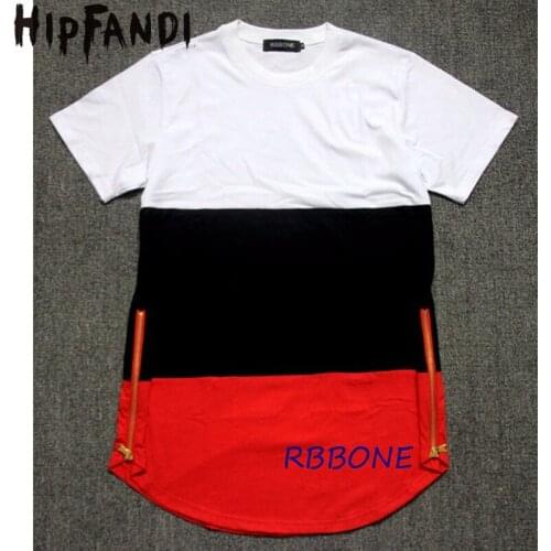 HIPFANDI style Mens T shirts white black Red patchwork golden side zipper Swag T shirt Streetwear hip hop t shirts extended