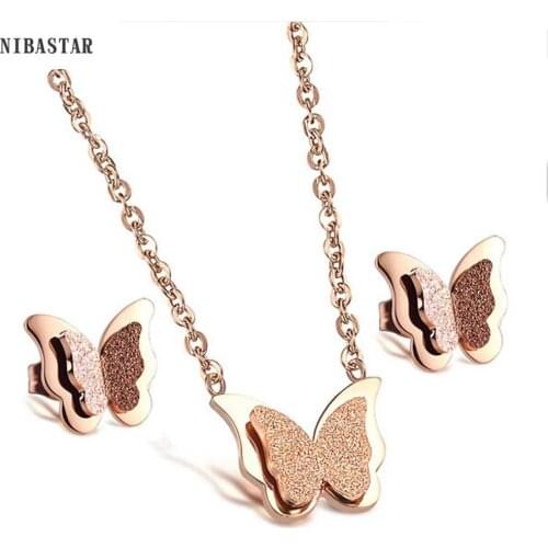 NIBASTAR Cute Butterfly Jewelry Sets For Women Stainless Steel Fashion Girl Set Necklace Earrings Wedding Accessories