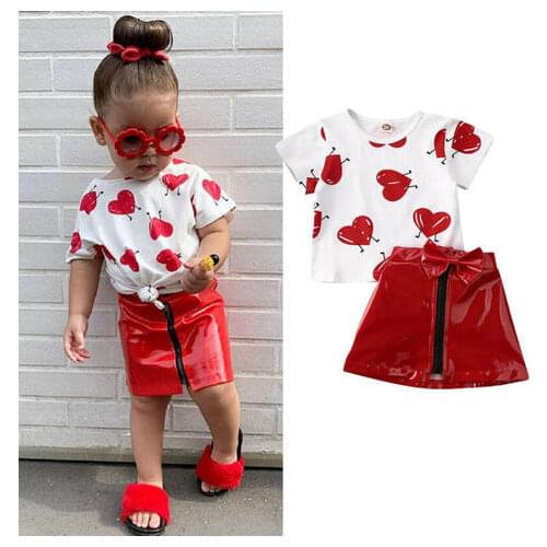 0-5 Years Kid Clothes Sets Baby Girl Love Printed T-shirt Tops and Girls Leather Zip Skirt Summer Outfits
