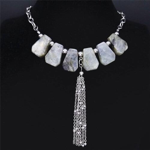 Bohemian Flash Stone Stainless Steel Chocker Necklaces Women Silver Color Tassel Chain Necklaces Jewelry colgante mujer NXS04