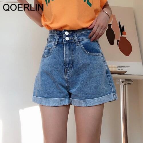 QOERLIN 5XL Big Size Retro Sexy High Waist Frayed Denim Shorts Summer Streetwear Fashion Rolled Double Buttons Zipper Fly Jeans