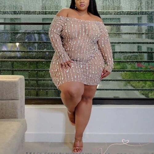 4XL 5XL Plus Size Sexy Dress for Womens Full Sleeve Transparent Sequined See Through Elegant Evening Night Party Club Dress Hot