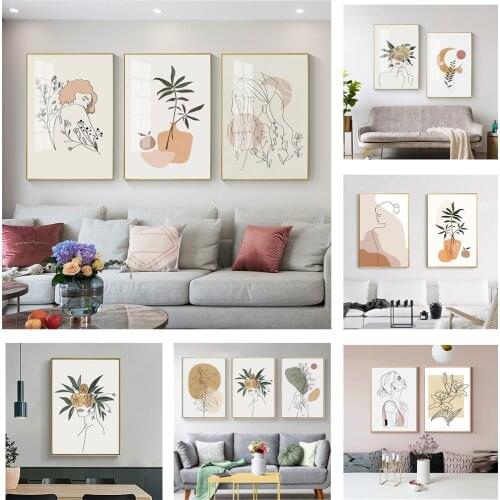Simple Nordic Morandi abstract lines beauty watercolor flowers porch living room murals poster print canvas decorative painting
