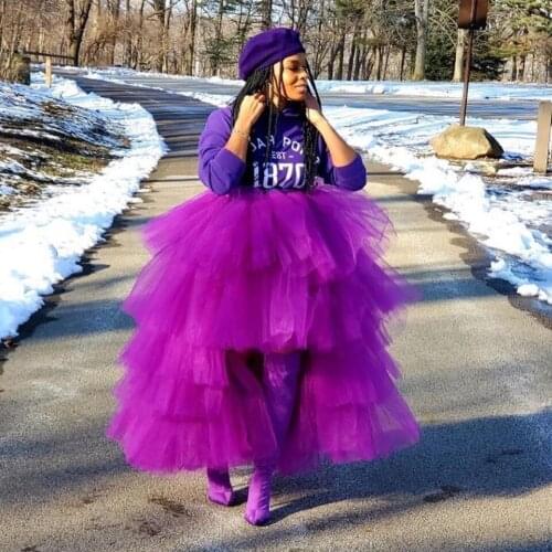 Puffy Womens Skirts Tiered Purple Hi Low Long Custom Made Elastic Waistline Long Party Skirts Full Maxi Skirts Women